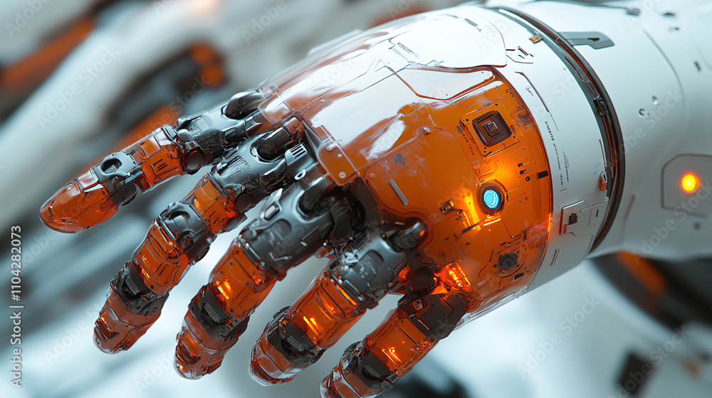 Poster advanced robotic hand showcasing intricate design and vivid colors in a futuristic setting. generati