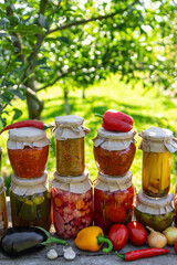 Preservation of different kinds in jars. Selective focus.