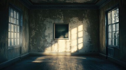 Fototapeta premium Empty room with a picture hanging on the wall. Generative AI
