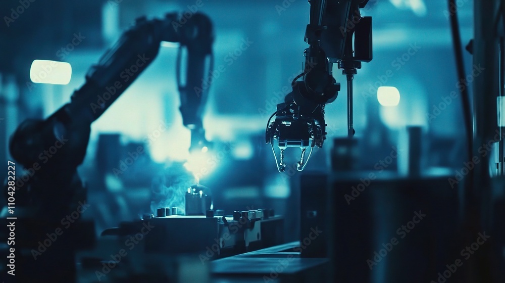 Poster industrial automation with robotics in dimly lit factory environment