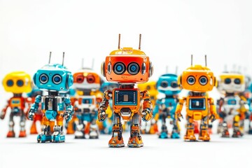 Fototapeta premium Orange robot leads colorful robot group.