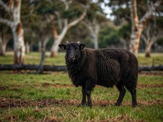 Fototapeta premium Black ewe in a paddock with gum trees.