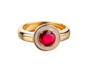 wedding ring gold er with rubin, on transparent background