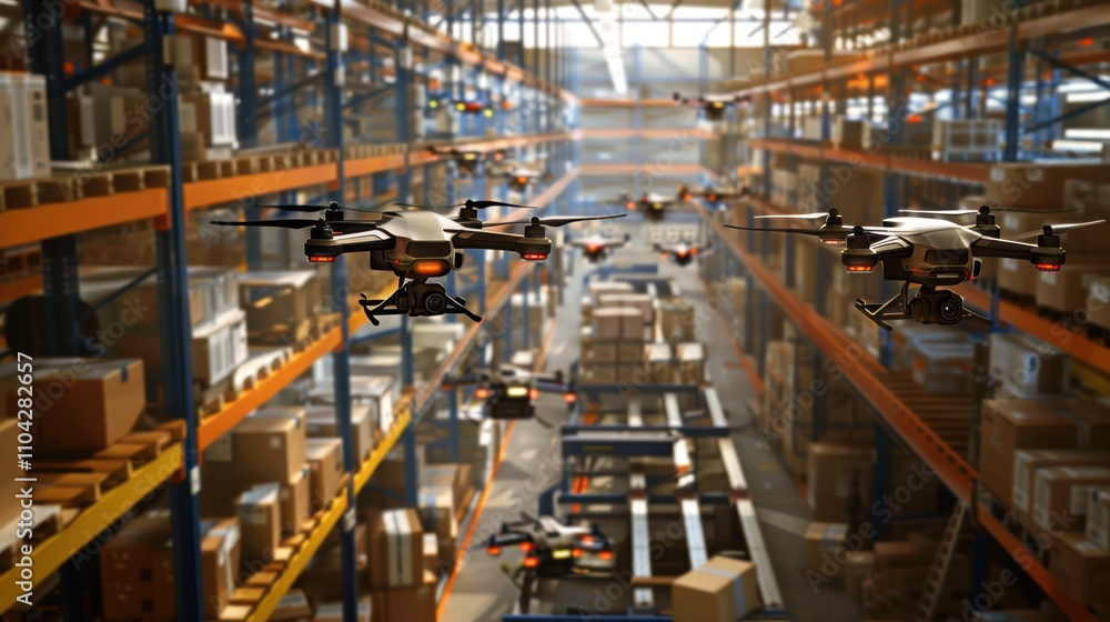 Poster synchronized drone inventory in warehouse for efficient stock management and data collection
