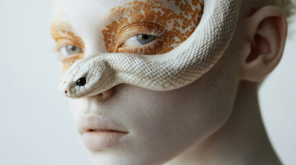 An albino girl with a snake on her face shows off the delicate beauty of her pale skin against the textured scales of the snake, creating a calm and striking natural harmony.