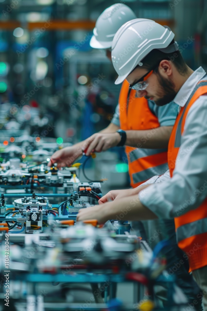 Poster engineers conducting drone inspections in high-tech factory setting
