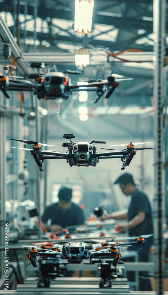 Aufkleber engineers testing drones on production line for quality and stability in manufacturing process