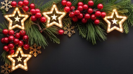 Festive background with a place for text. The corner is decorated with Christmas stars, red berries and green pine branches.