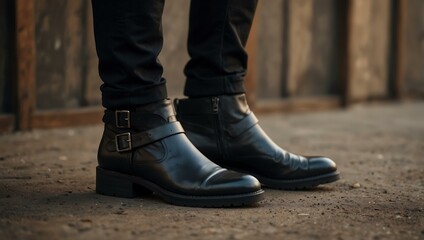 Black leather ankle boots with buckles displayed.
