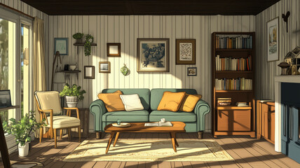 Farmhouse Living Room. Stylish Interior Design Background. Generative AI.