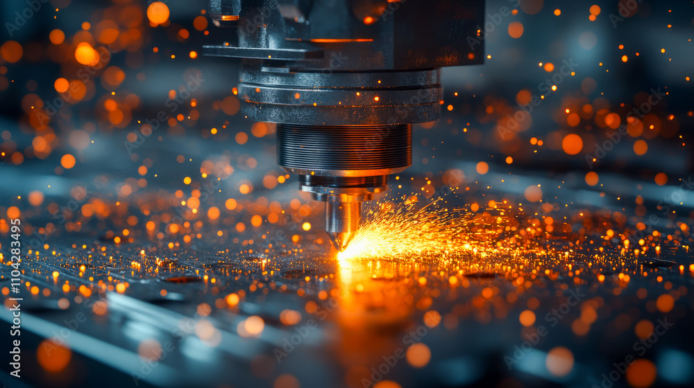 Aufkleber close-up of cnc machine creating sparks on metal surface in industrial setting