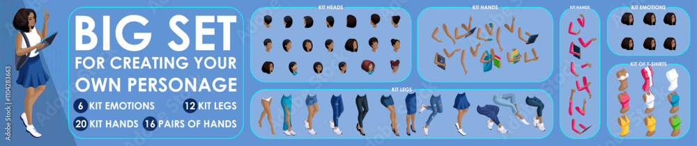 Poster isometric woman black characters constructor for designed n2. presentation in various action. set of