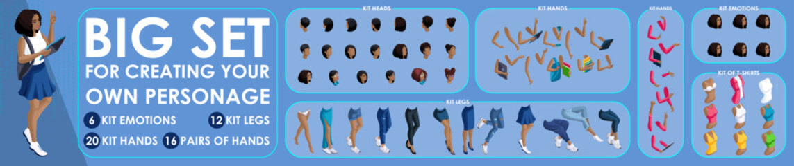 Isometric Woman Black characters constructor for designed N2. Presentation in various action. Set of Students personages flat style illustration