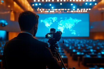 Capturing the energy of a global conference in a modern auditorium setting. Generative AI