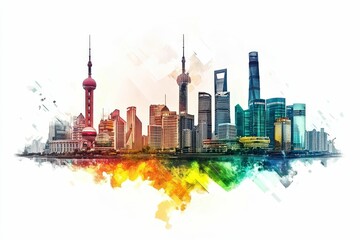 Obraz premium Shanghai skyline, watercolor style, vibrant colors.