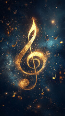 A musical string of golden light floats in the starry sky, with notes floating around it. Dark blue and black space, creating an atmosphere full of mystery and tranquility. Mobile phone wallpaper.