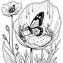 Naklejka premium Butterfly Resting Inside Flower Fantasy Coloring Page Vector Illustration Whimsical Nature Art for Poster Book Card Decor Design