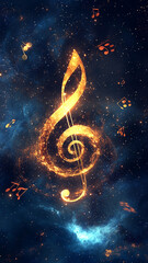 A musical string of golden light floats in the starry sky, with notes floating around it. Dark blue and black space, creating an atmosphere full of mystery and tranquility. Mobile phone wallpaper.