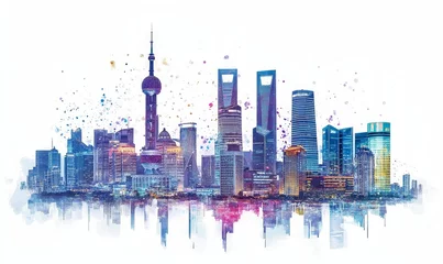 Shanghai skyline, watercolor painting, nighttime city.