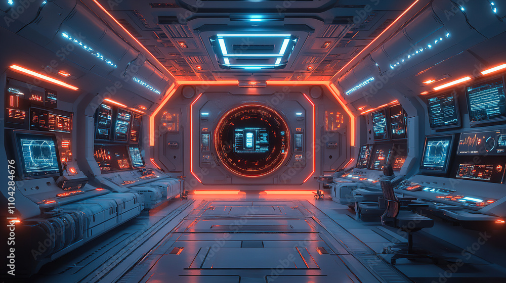 Aufkleber futuristic control room with glowing screens and dynamic lighting in a sci-fi environment. generativ