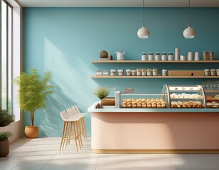 realistic 3d render cafe interior design in pastel minimal style front view of coffee shop counter with bakery display and decoration plants blank blue wall panel morning sunlight homemade mockup