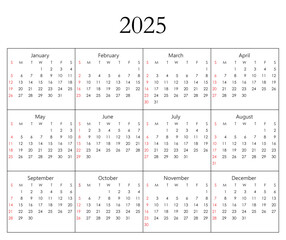 Calendar 2025 year. The week starts on Sunday.