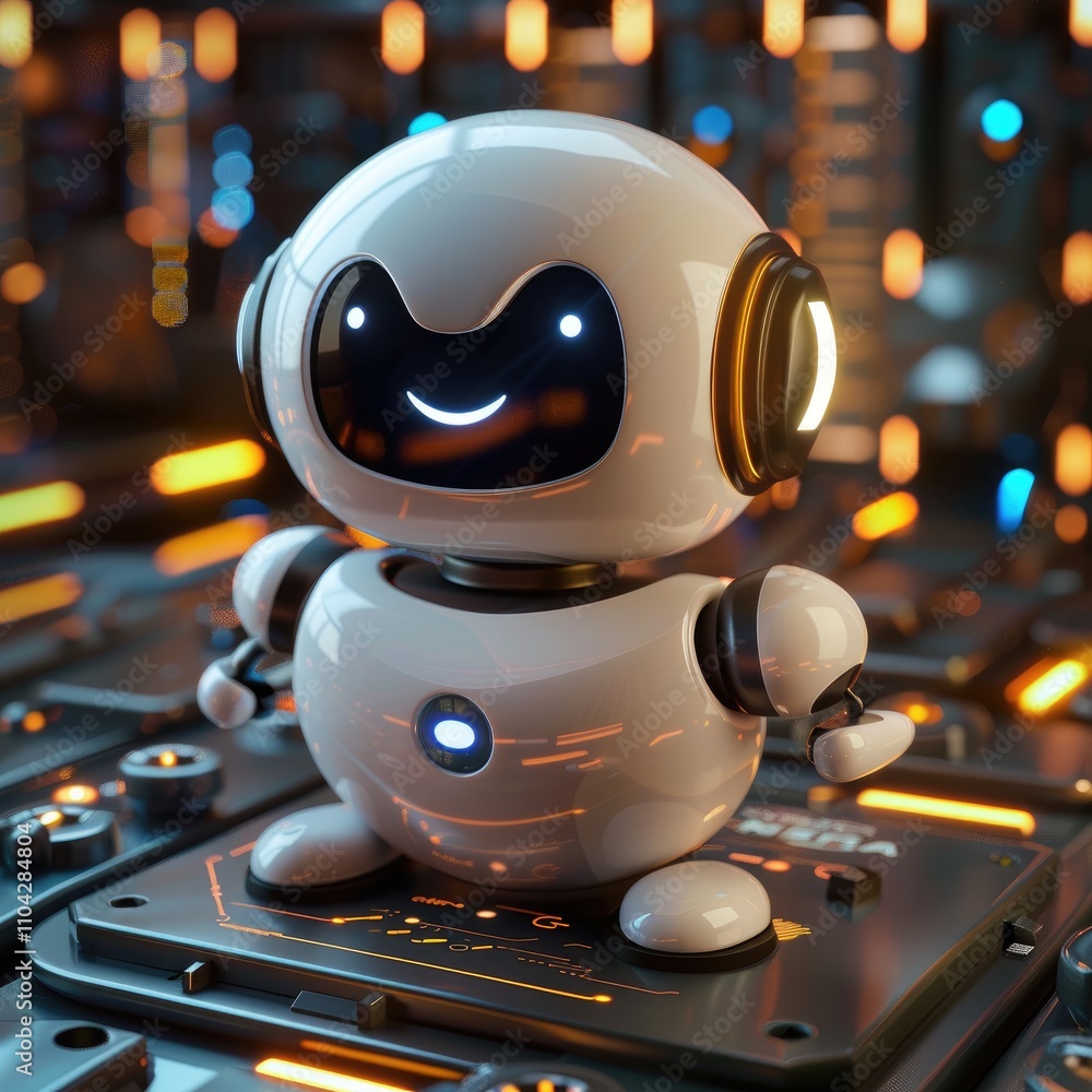Poster a cheerful, futuristic robot stands on a circuit-like surface, showcasing advanced technology.