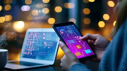 Smartphone Banking App in Coffee Shop with Digital Network - Powered by Adobe