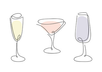 Cocktail glass, graphic modern hand-drawn illustration with a continuous single line, vector. A decorative element for decorating menus, bars, and designs. Contour drawing of glassware with a drink