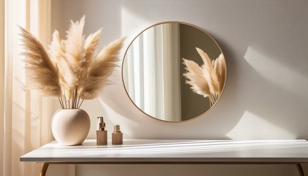 empty modern minimal and luxury cream dressing table top vase of pampas round mirror curtain in white wall bedroom with sunlight and leaf shadow for beauty cosmetic product display background