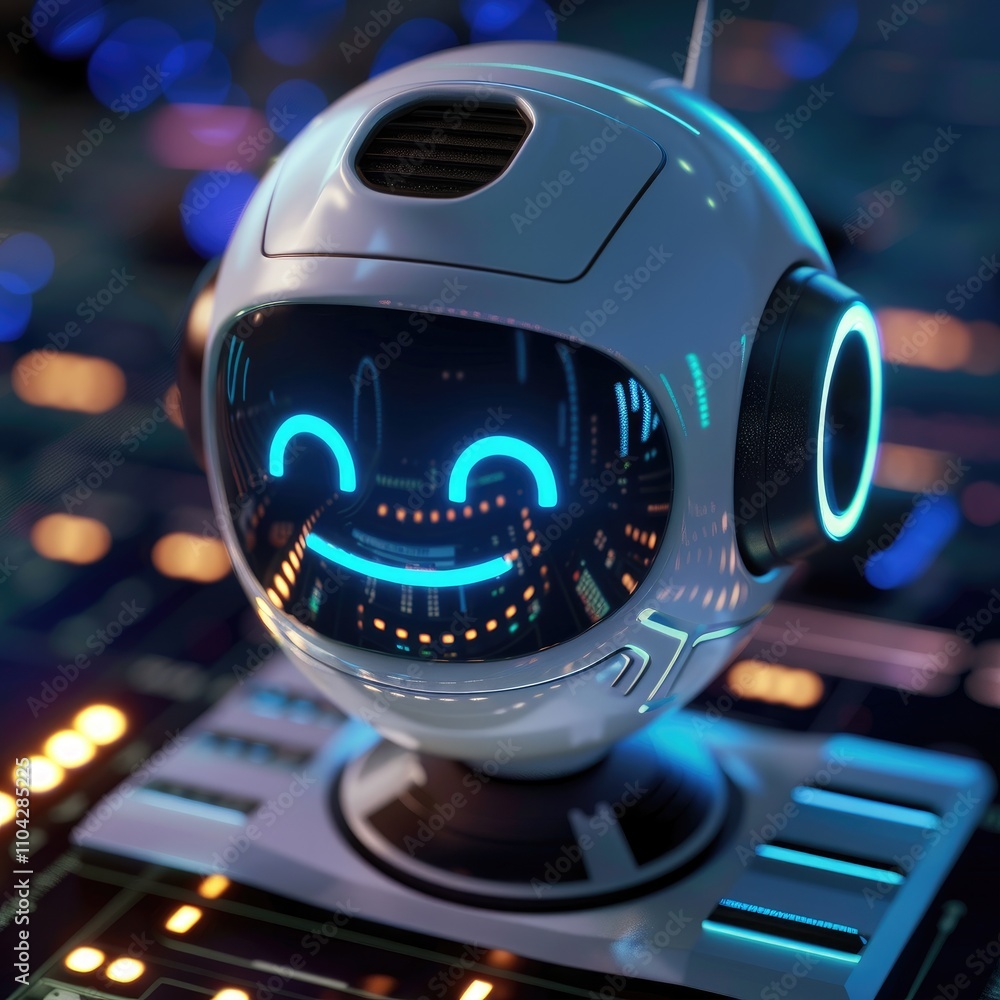 Poster a cheerful robot head with glowing features on a circuit-like background.