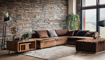 loft style living room with velvet corner sofa and stone wall decor