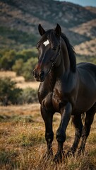 Fototapeta premium Black Spanish stallion in a scenic landscape.