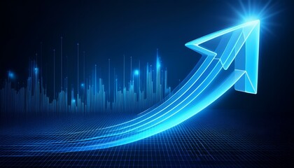 blue up arrow business icon growth graph concept on 3d abstract background with illustration increase chart graphic sign success finance stock profit market progress digital technology presentation