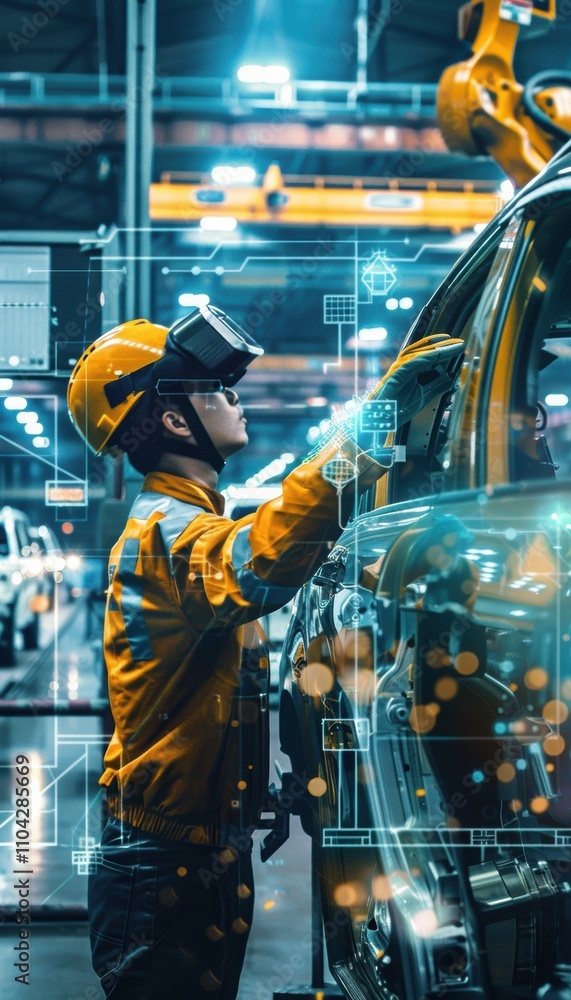 Poster innovative wearable tech in high-tech automobile assembly line for enhanced efficiency