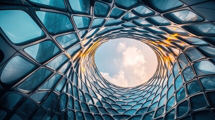 Fototapeta premium Unique architectural design showcasing a twisting glass structure against the sky