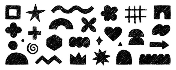 Abstract geometric shapes and forms, chalk pencil doodle set. Crayon modern figures, brush crown, stars, arrow in sketch style. Hand drawn vector illustration isolated on white background