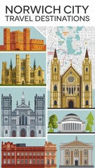 Retro-style travel destination poster for Norwich City England, showcasing iconic landmarks and vibrant cityscapes with bold, nostalgic design elements.