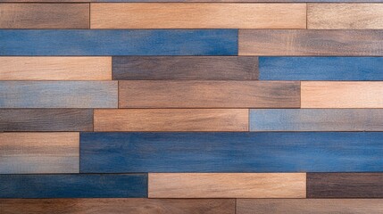 Horizontal wooden tiles in light and dark blue tones, smooth wood grain texture, bold decorative design for creative interiors and modern flooring

