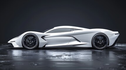 Sleek white sports car, futuristic design, dark background.  A symbol of speed and luxury.