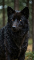 Black wolf staring intently.