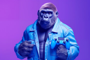 Gamer gorilla in a blue jacket with a controller on a purple background