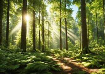 Fototapeta premium Serene forest landscape with sunlight streaming through trees and lush greenery