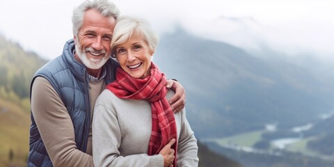 A joyful senior couple hiking in the mountains, smiling warmly at the camera. They radiate happiness and love, embracing adventure and their deep connection amidst stunning nature.