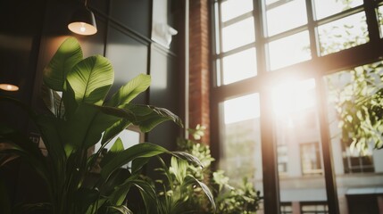 Stylish coworking space entrance with modern lighting and greenery