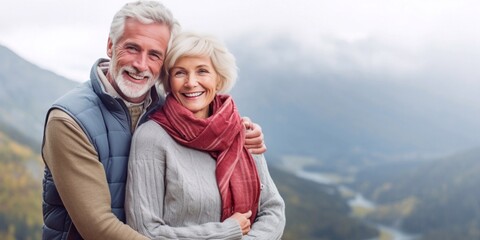 A joyful senior couple hiking in the mountains, smiling warmly at the camera. They radiate happiness and love, embracing adventure and their deep connection amidst stunning nature.