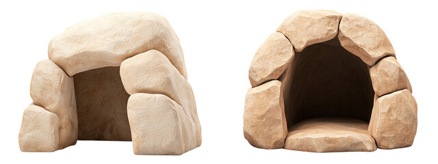 Two stone structures resembling ancient huts. PNG