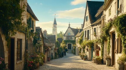 Fototapeta premium Charming Historic Village Street with Quaint Architecture and Nature