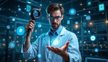 Scientist or engineer holding a futuristic multi-functional tool.