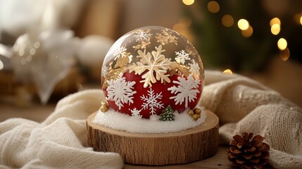 Fototapeta premium A charming snow globe sits on a table, capturing delicate snowflakes swirling inside, evoking the magic of Christmas in a cozy winter scene.